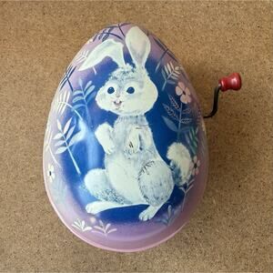 Vintage 1950s Mattel Litho Tin Easter Egg White Bunny Decor Wind Up Toy No Music